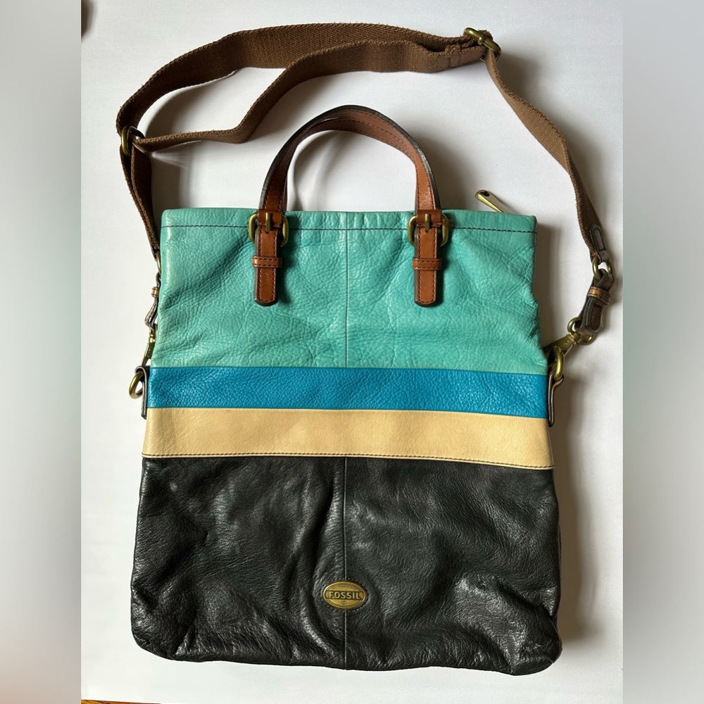 Fossil Colorblock Leather Tote in Teal, Blue, Cream & Black